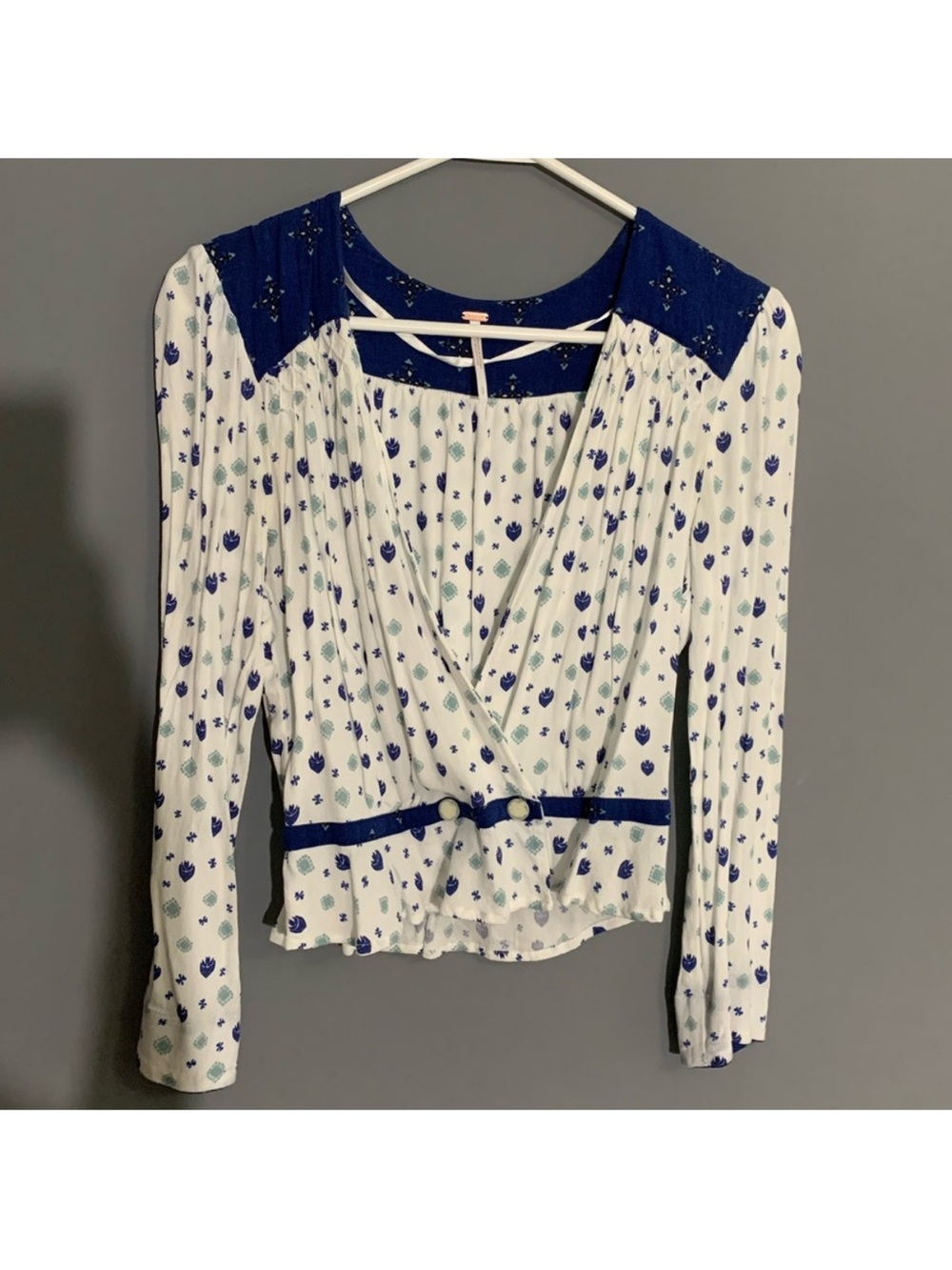 Free People Where We Roam wrap top in blue and white